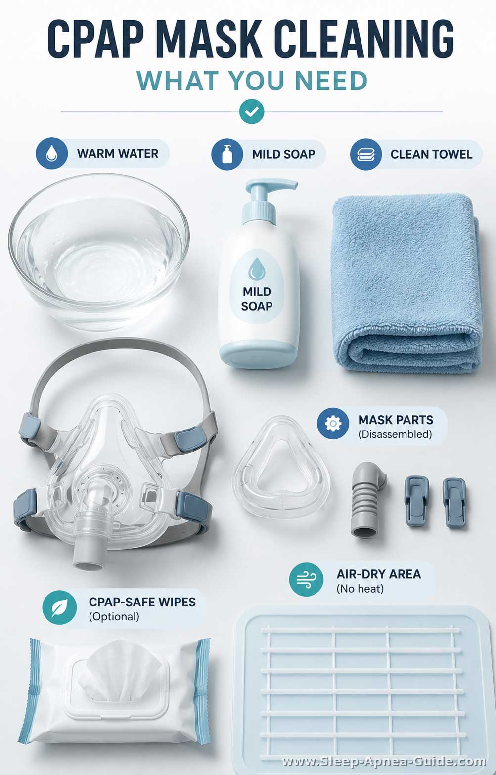 basic supplies for cleaning CPAP mask parts